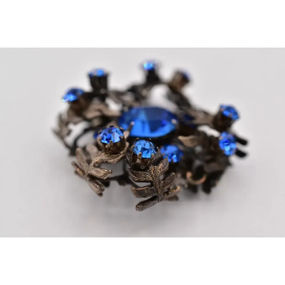 Vintage Austrian Blue Crystal Pin Brooch 3D Flower Gunmetal Tone 1960s BinBI
